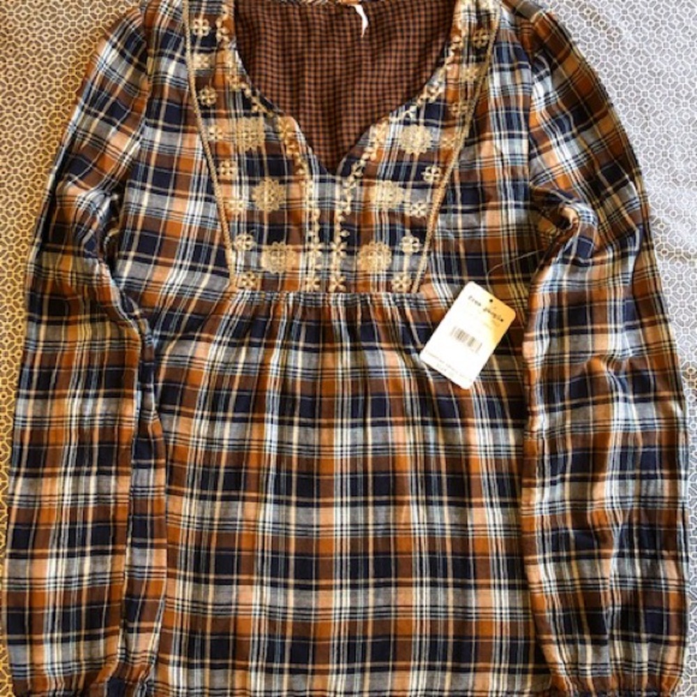 Free People Plaid Tunic in Brown, Navy & Cream
